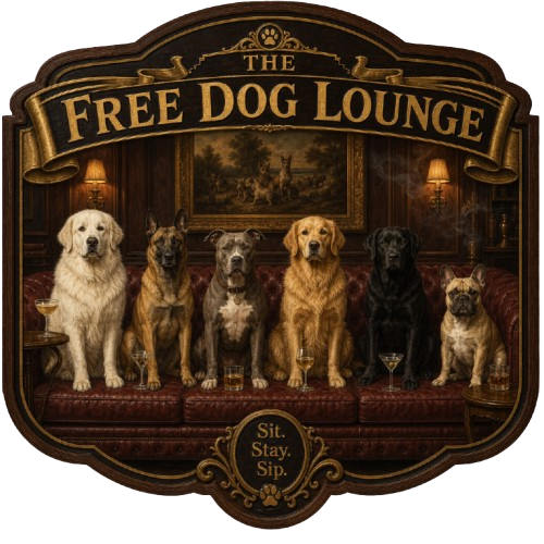 Six dogs lounging on a red leather sofa with cocktails